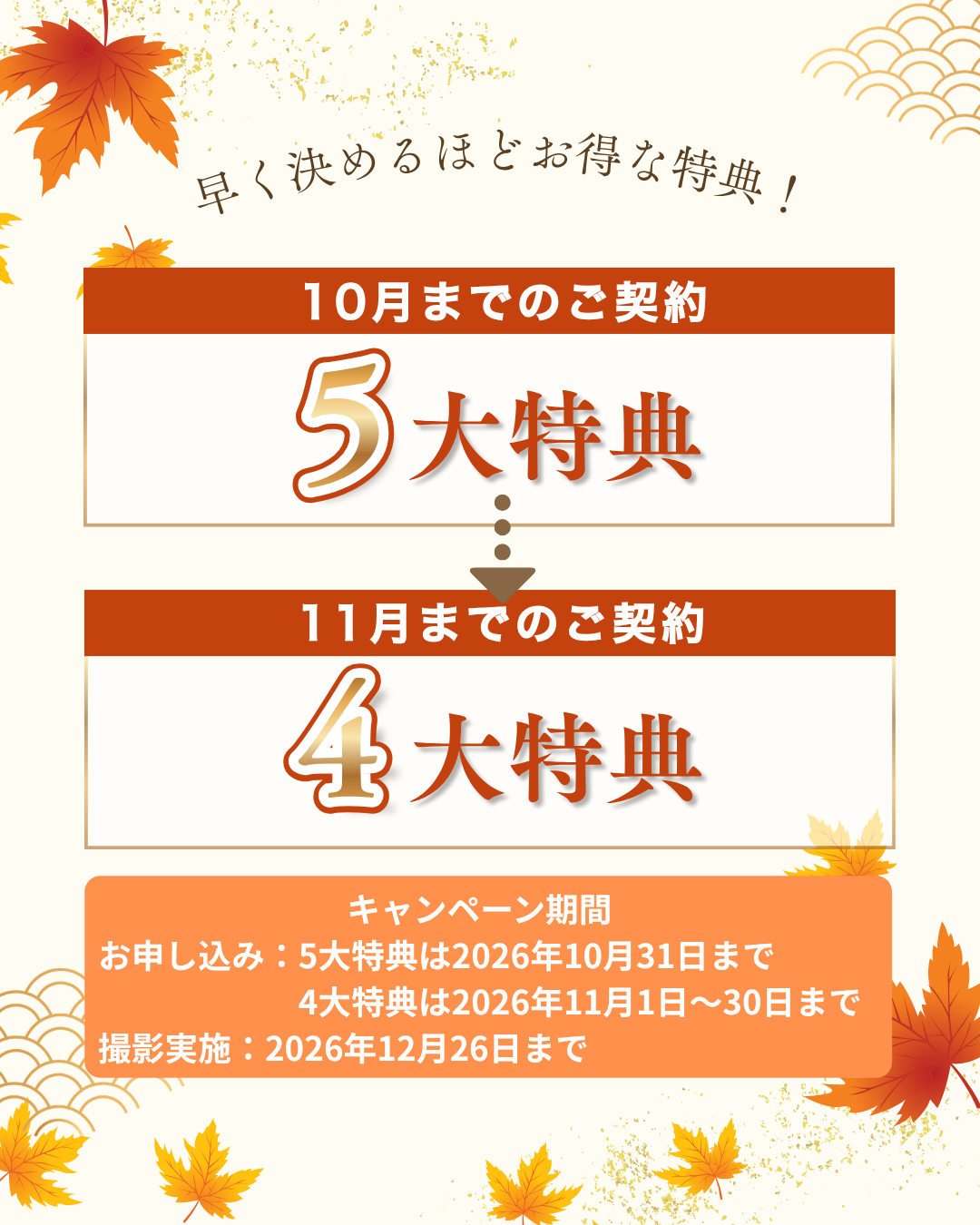 早く決めるほどお得な特典!